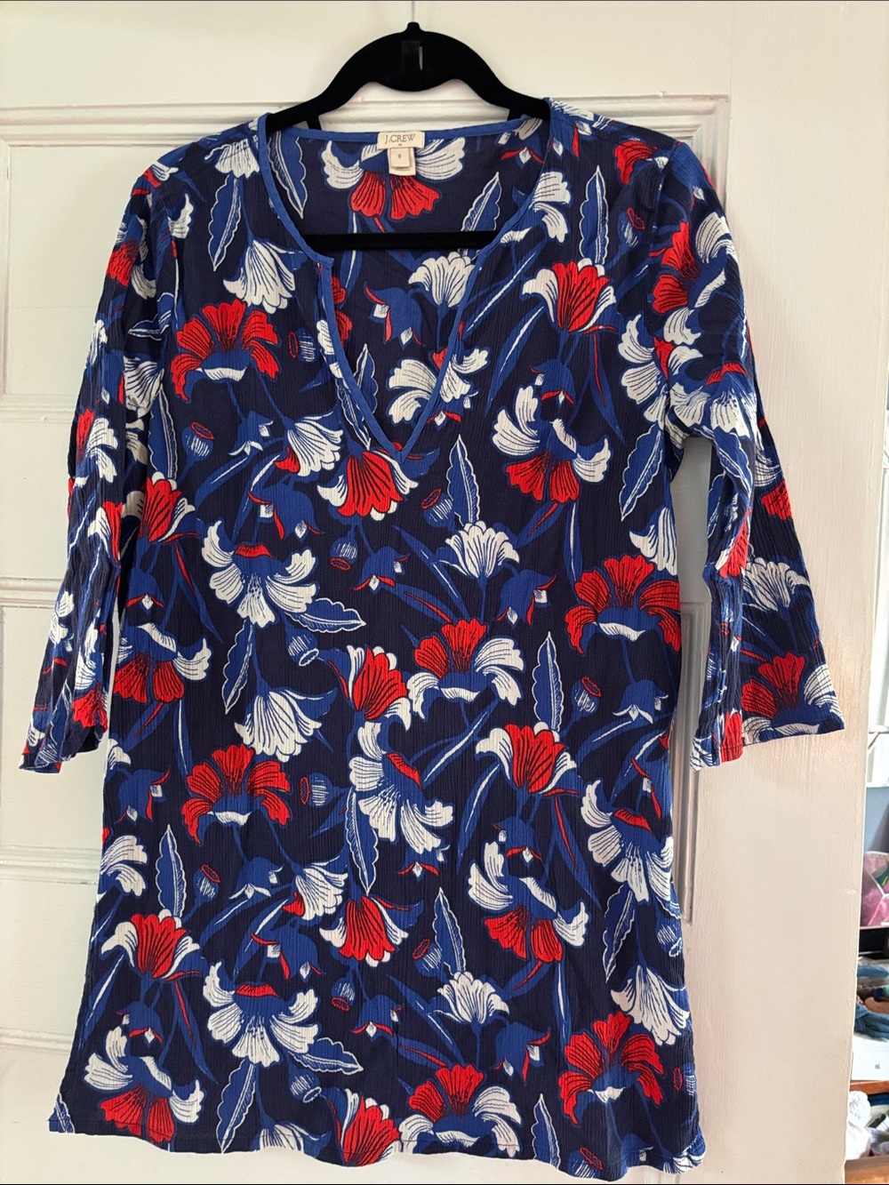 J. Crew Navy Floral V-Neck Tunic with Red & White Flowers